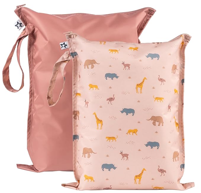 Tiny Twinkle Mess Proof Wet Bags | 2-Pack Reusable Waterproof Wet Bags for Swimsuits | Baby Clothes | Travel & Diaper Bag (Petite Safari)