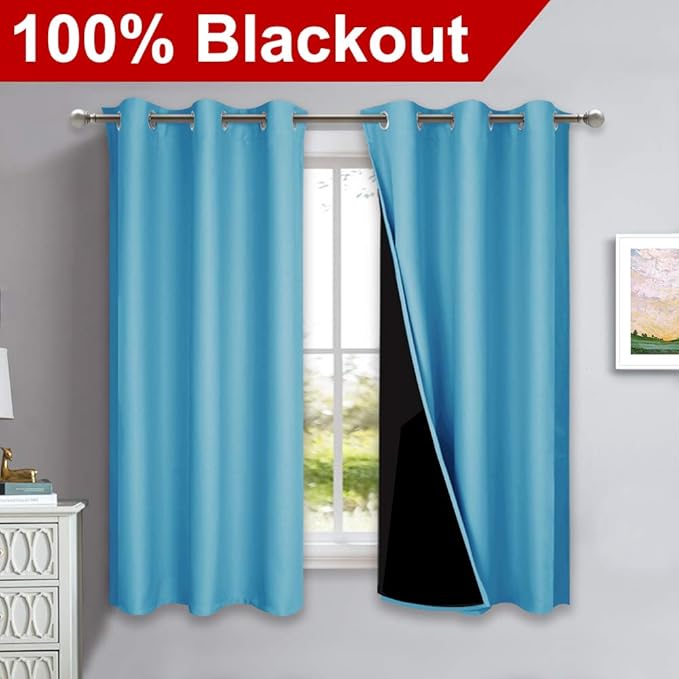 NICETOWN 100% Blackout Short Curtains with Black Liners, 2 Panels, 37" W by 40" L, Teal Blue, Solid Thermal Insulated Full Blackout 2-Layer Lined Drapes, Energy Efficiency Window Draperies for Bedroom