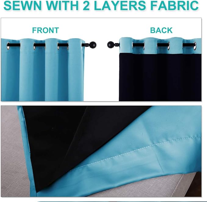 NICETOWN 100% Blackout Short Curtains with Black Liners, 2 Panels, 37" W by 40" L, Teal Blue, Solid Thermal Insulated Full Blackout 2-Layer Lined Drapes, Energy Efficiency Window Draperies for Bedroom