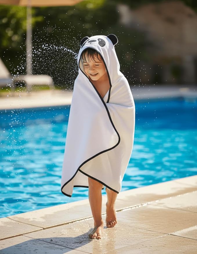 BAGNO MILANO Kids Organic Turkish Cotton Hooded Beach Cover-Up Towel, GOTS Certified, for Boys and Girls (Panda White, 24"x48"+8"/Hooded Towel)