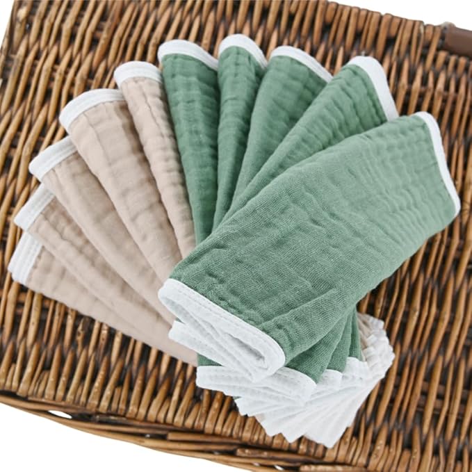Synrroe Burp Cloths Large, Muslin Burp Cloths for Baby Girls and Boys, Pack of 10 Extra Absorbent and Soft Muslin, 6 Layers 20 by 10 Inches 100% Cotton (Brown-Green 10 Pack)