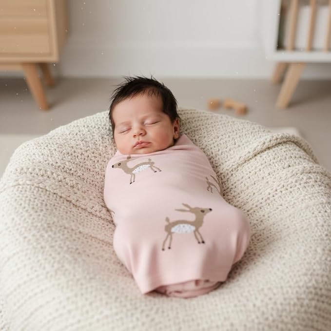 Knit Baby Swaddle Blanket - 100% Cotton Soft Cozy Receiving Swaddle Stroller Blanket for Shower Gift Registry for Newborns, Infants, Toddlers (Deer - Pink)