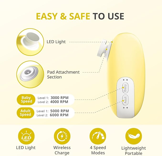AIRSEE Premium Newborn Gift, Electric Baby Nail File, Cordless Safe Infant Nail Trimmer with 6 Replacement Pads, Magnetic Rechargeable Base, 360° LED Light, Baby Grooming Kit Gift