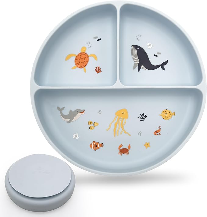 Silicone Suction Plates with Dividers - Grip Plates for Babies 6-12 Months and Toddlers 1-3, Toddler and Baby Dishes, Baby Led Weaning Essentials, Dishwasher Safe (Blue - Under the Sea)