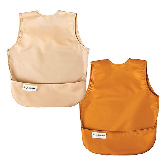 Tiny Twinkle Mess Proof Baby Bibs | 2 Pack Waterproof Toddler Bib for Eating | Baby Apron for Feeding, Machine Washable, Perfect Shower Gift (Sand Cinnamon, 2-4Y)