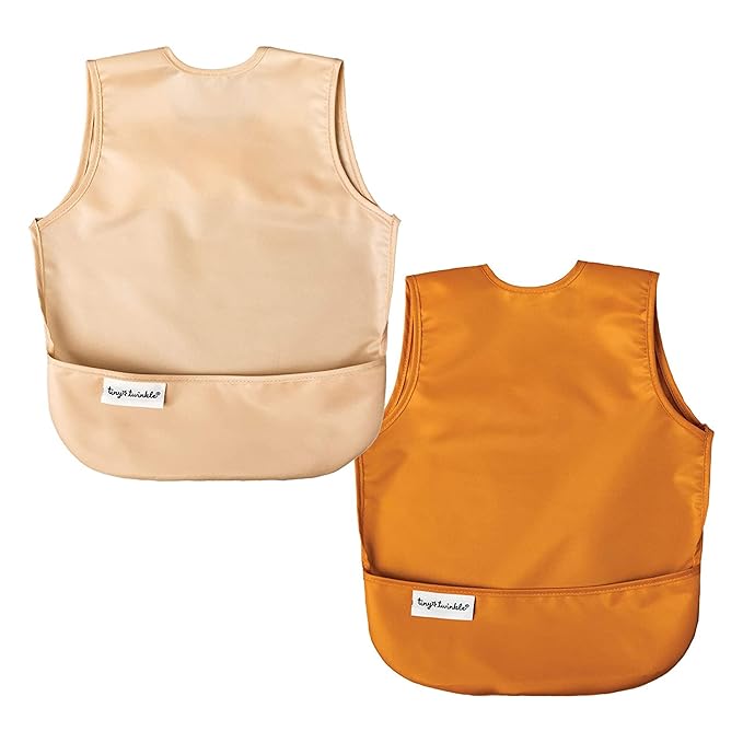 Tiny Twinkle Mess Proof Baby Bibs | 2 Pack Waterproof Toddler Bib for Eating | Baby Apron for Feeding, Machine Washable, Perfect Shower Gift (Sand Cinnamon, 6–24M)