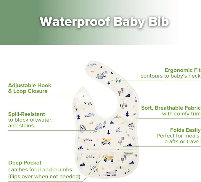 haakaa Waterproof Baby Bibs for Eating, Soft & Lightweight Toddler Bibs with Food Pocket, Easy Wipe Clean, Ages 6–24M, 2 Pack