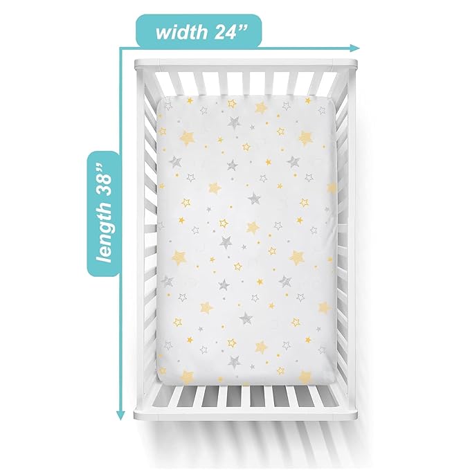 American Baby Company 2 Pack 100% Natural Cotton Fitted Mini Crib Sheets 38" x 24" - Soft & Breathable Small Nesting Portable Sheets, Fits Pack N Play Mattresses, Yellow Star/Yellow, for Boys & Girls