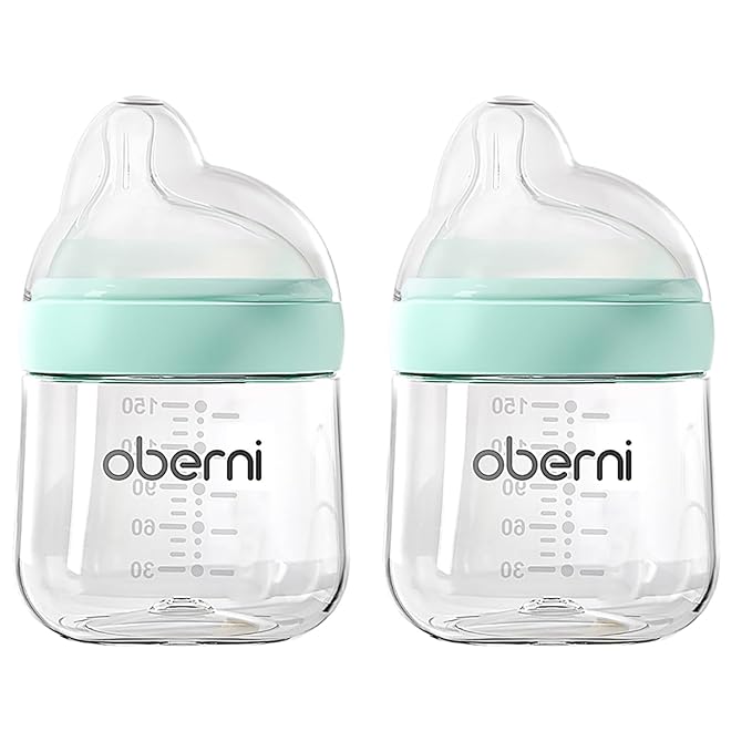 Oberni Baby Bottles with Slow Off-Centered Nipple for 0+ Months, Anti Colic Newborn Milk Feeding Bottle, 150ml/5oz/Blue/2Pack