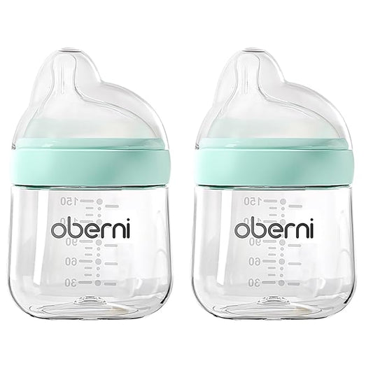 Oberni Baby Bottles with Slow Off-Centered Nipple for 0+ Months, Anti Colic Newborn Milk Feeding Bottle, 150ml/5oz/Blue/2Pack