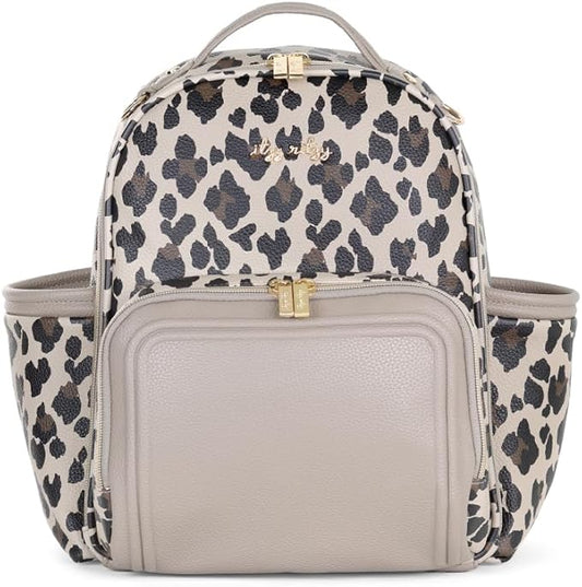 Itzy Ritzy Mini Diaper Bag Backpack – Chic, Compact Mini Plus Backpack with Changing Pad, 10 Pockets (6 Internal, 4 External), Grab-Top Handle & Rubber Feet (Leopard)