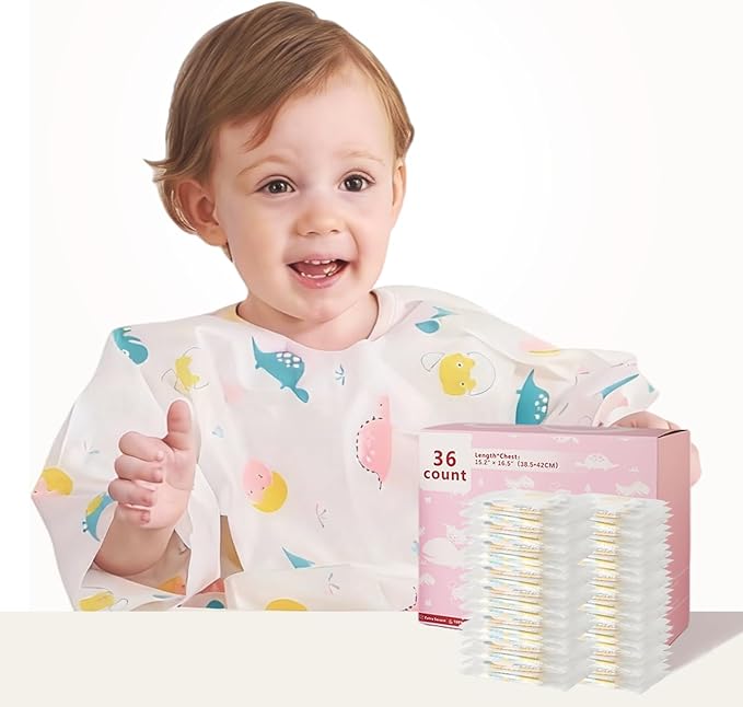 SauGonb Disposable Baby Bibs for Baby Boys and Girls - Long Sleeve Bib Individually Wrapped Waterproof Baby Bibs 16/36 pcs