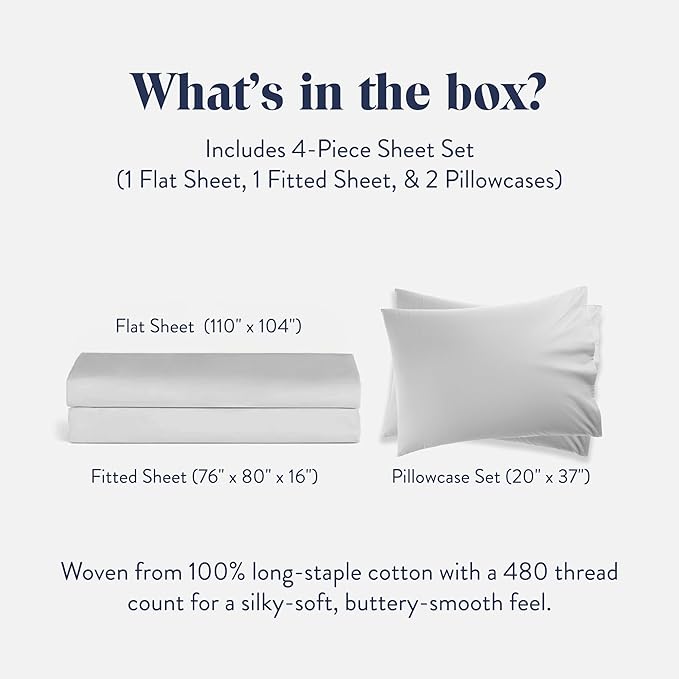 Brooklinen Luxury Sateen 4 Piece Sheet Set - 100% Cotton Bed Sheets, Soft & Durable Piece King Size Sheets Set in White, Oeko-TEX Certified Bedding Set, 1 Fitted Sheet, 1 Flat Sheet, 2 Pillowcases