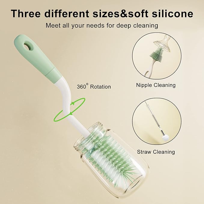 ePiiChua Silicone Bottle Brush Set with Stand, 360° Rotating Bottle Cleaning Brush Cleaner Set, Long Handle 3 in 1 Multipurpose Silicone Baby Bottle Straw Cleaner Brush (Green)