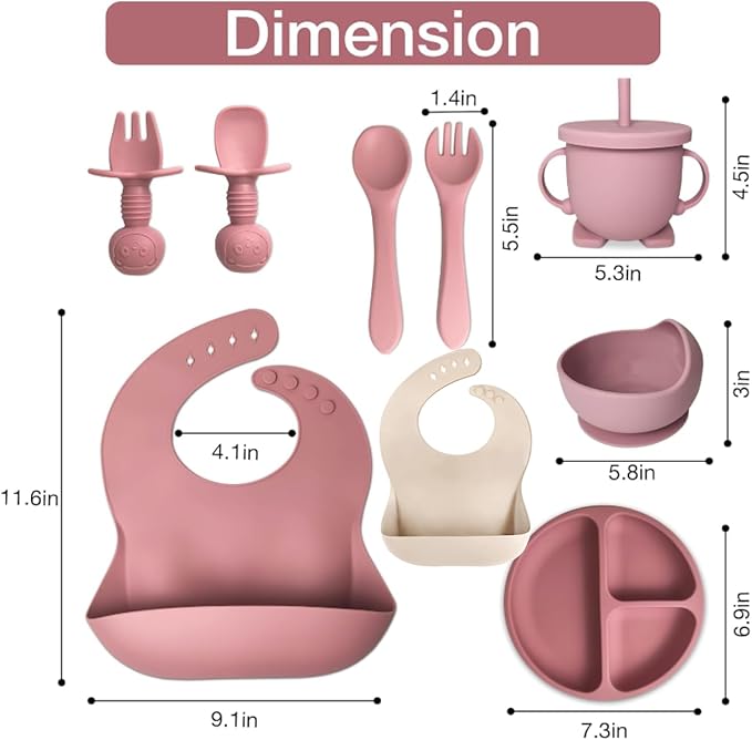 Mutualproducts 10 Pcs Baby Utensils – Silicone Baby Spoons and Forks for Self Feeding – Suction Plate - Anti-Choke Baby Feeding Supplies – Baby Led Weaning Set with 2 Bibs – Great Gift Set (Pink)
