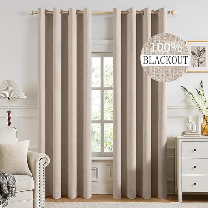 MIULEE 100% Blackout Linen Textured Curtains for Bedroom Solid Thermal Insulated Natural Beige Grommet Room Darkening Curtains & Drapes Luxury Decor for Living Room Nursery 52 x 92 Inch (2 Panels)