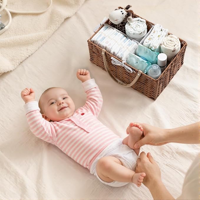 HBlife Diaper Caddy Organizer, Washable Waterproof, Portable Plastic Wicker Woven Basket with Divider, Nursery Diaper Station, Baby Shower Gifts Basket & Car Organizer