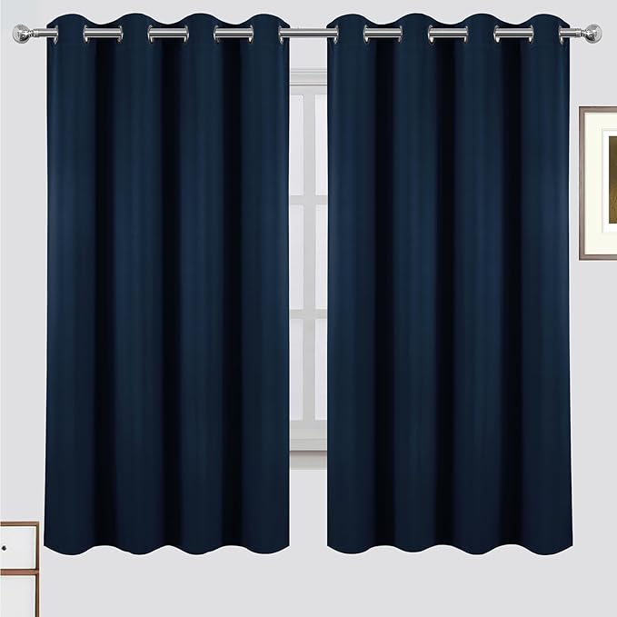 LEMOMO 100% Blackout Curtains 52 x 63 Inch Navy Blue Curtains 2 Panels Darkening Thermal Insulated Bedroom Curtains