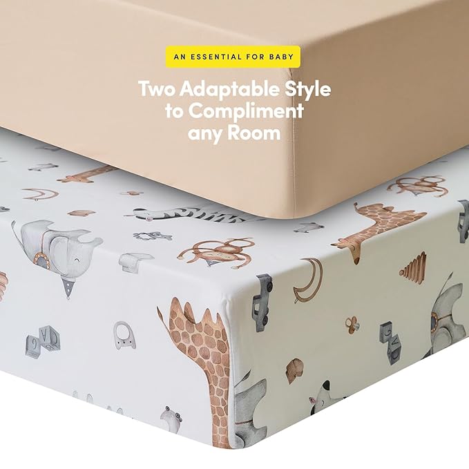 2 Pack Crib Sheets for Boys & Girls – Snug Full Elastic Fit for Standard Crib Mattresses (28″×52″) – Stylish Zoo Animals, Feathers & Arrowhead, Gingham & Petals, Watercolor Vines Prints, Zoo Animals
