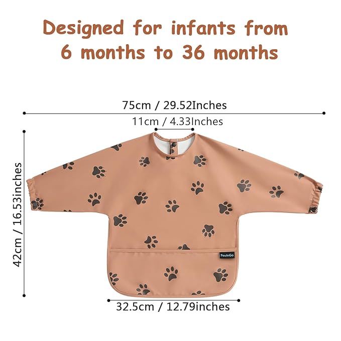 PewinGo Baby Bib with Long Sleeves Bib & BLW, Machine Washable & Soft and Skin-Friendly Material, Coverall Bibs for Baby Feeding, Waterproof and Easy to Clean, for Baby Infant Toddlers (Orange)