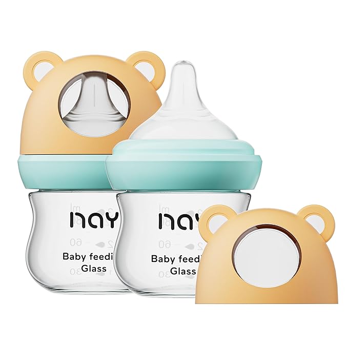 yanyoyo Natural Glass Baby Bottle for Breastfeeding Babies, 3oz Newborn Anti-Colic Baby Bottle with Slow Flow Nipples (SS), Clear, Wide Neck, 2 Pack, 0 Months+