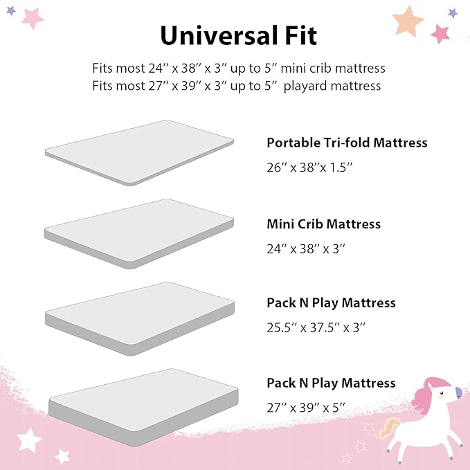 Baby Mini Crib Sheets Girl, Portable 38”x26” Pack and Play Sheets Fitted for Playard and Pack N Play Mattress, 3-Pack Soft Microfiber Pink Purple Rainbow