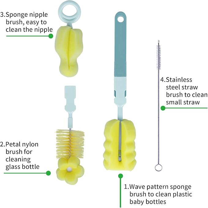 SEBIKAM 4-in-1 Baby Bottle Brush Set, Scratch-Free Sponge & Long Handle Cleaner for Wide/Standard Neck Bottles, Nipple, Sippy Cups & Straws, Quick Dry Design (Green)