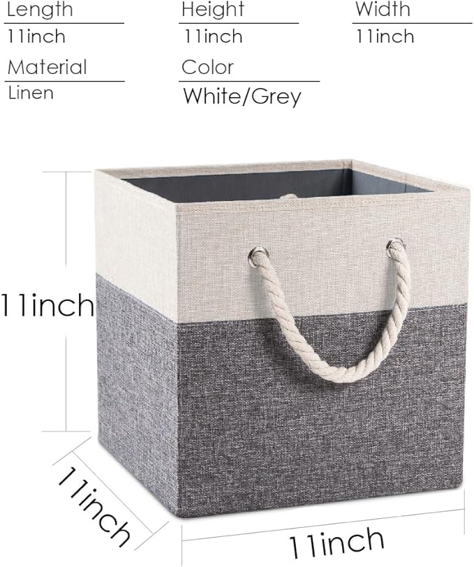 PRANDOM Large Foldable Cube Storage Bins 11x11 inch [4-Pack] Fabric Linen Storage Baskets Cubes Drawer with Cotton Handles Organizer for Shelves Nursery Closet Bedroom White and Grey