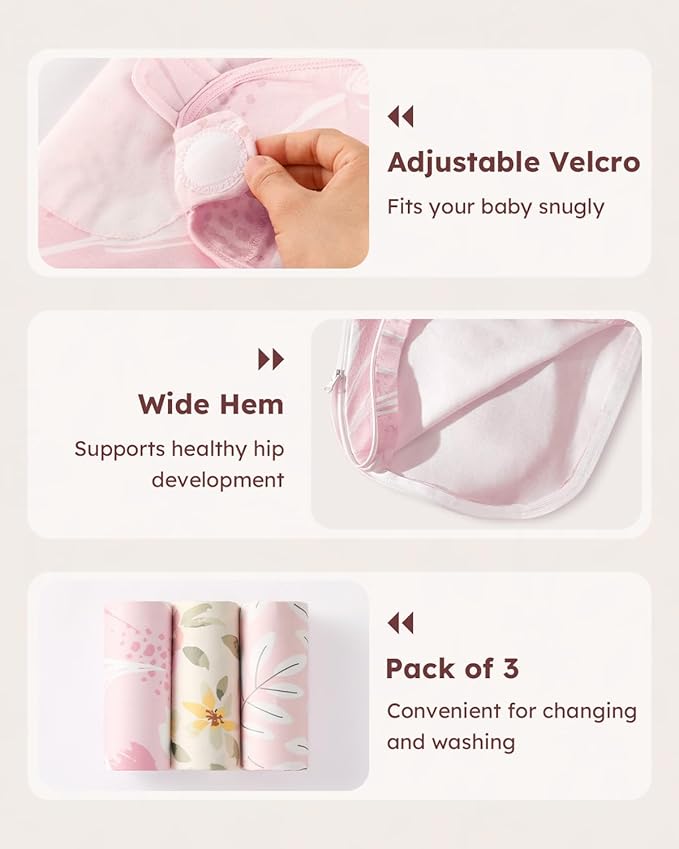 Baby Swaddles for Newborns with Zipper, 100% Cotton Newborn Swaddle Sack, 3 Pack Baby Swaddles 0-3 Months Swaddle Sleep Sack for Newborn Baby Boy Girl Pink Flower