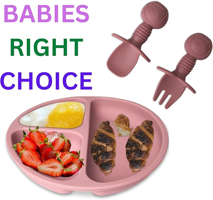 Mutualproducts 10 Pcs Baby Utensils – Silicone Baby Spoons and Forks for Self Feeding – Suction Plate - Anti-Choke Baby Feeding Supplies – Baby Led Weaning Set with 2 Bibs – Great Gift Set (Pink)