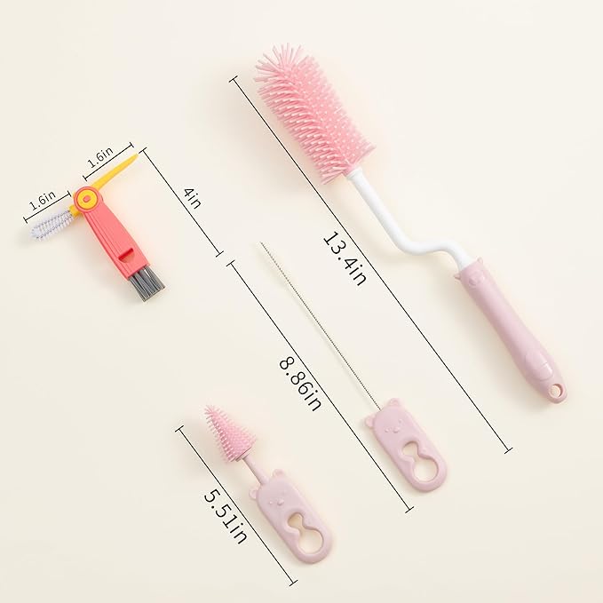 Chemimoso Silicone Spinning Bottle Cleaning Brush, 13.4in Long Handle Water Cup Bottles Cleaner for Baby Bottles, Sports Bottle, Glass Vase, Tumbler, with a Tiny Cup Lid Gap Cleaning Brush, x Pink