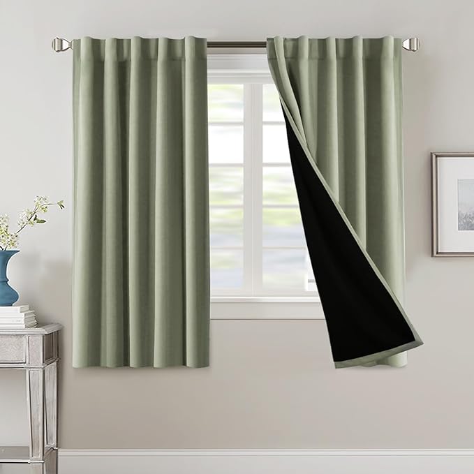 H.VERSAILTEX 100% Blackout Curtains for Bedroom with Black Liner Full Room Darkening Curtains Thermal Back Tab/Rod Pocket Window Treatment Drapes for Living Room, 2 Panels, 42 x 63 Inch, Sage