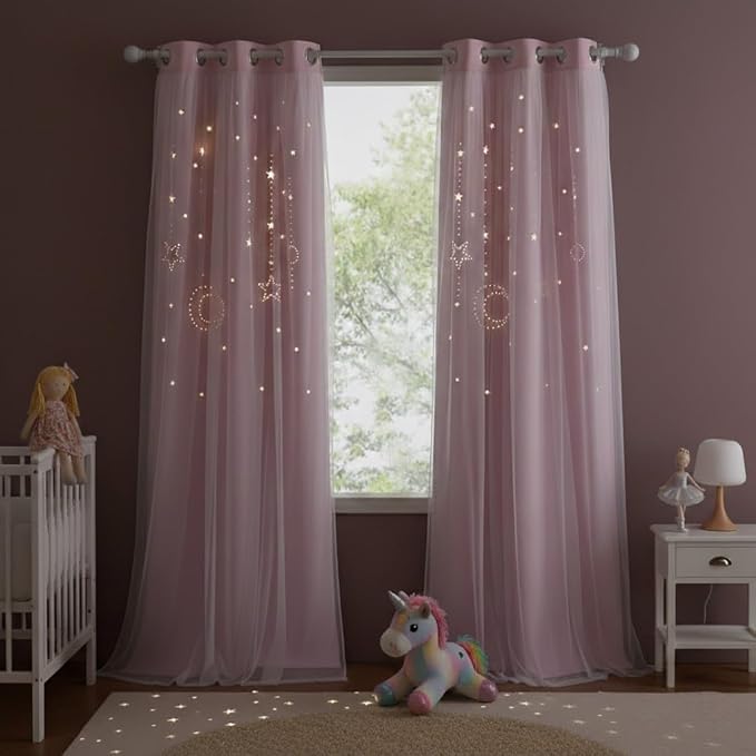 NICETOWN Kids Blackout Curtains for Bedroom - Grommet Thermal Insulated Hollow-Out Moon Star Double Layer Curtains for Nursery Living Room, Set of 2 Panels, 34 x 84 Inch Long, Pink