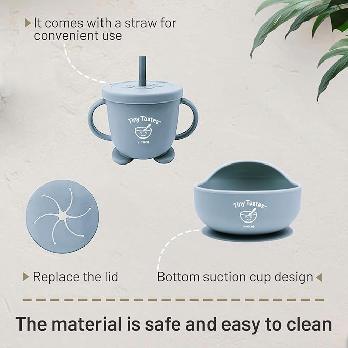 Tiny Tastes 10-Piece Silicone Baby Feeding Set – BPA-Free, Spill-Proof Suction Plate, Bowl, Bib, Snack Cup & Utensils | Dishwasher Safe, Baby Gift Ready (Blue)