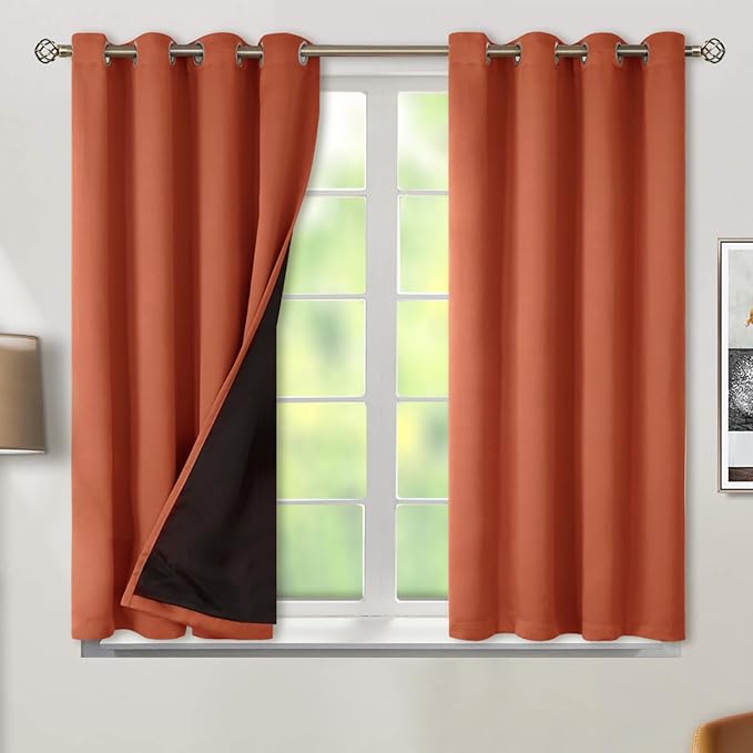 BGment Short 100% Blackout Curtains for Bedroom, Thermal Insulated Energy Efficiency Noise Reducing Grommet Curtains 54 Inch Length with Liner for Small Window 2 Panels Each 52 Inch Wide, Terracotta
