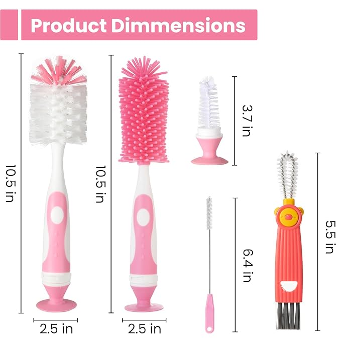 Ariseno 5-in-1 Baby Bottle Brush Set, Including Nylon and Silicone Bottle Brush, Cap, Straw, Nipple Brushes, BPA-Free (Pink)