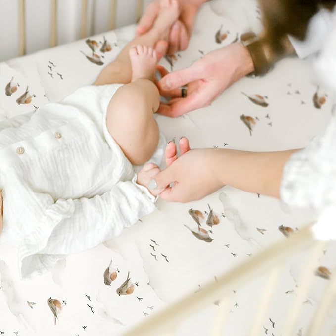 Stretch Ultra Soft Jersey Knit Fitted Crib Sheets Set 2 Pack，Fit All Standard Crib Mattress Pads Safe and Snug, Crib Fitted Sheet for Baby, Cute Watercolor Cows and Birds Print