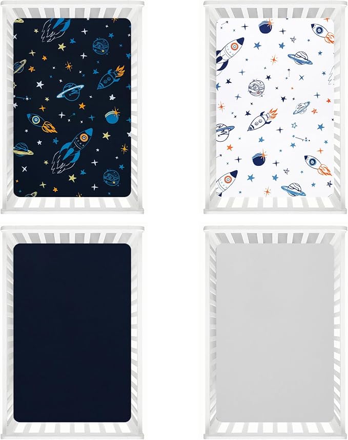 david's kids 4 Pack Fitted Crib Sheets, Ultra Soft Breathable Comfortable Baby Sheet Set for Boys Girls Neutral, 28x52 Inch Fits Standard Crib and Toddler Mattresses, Navy Space