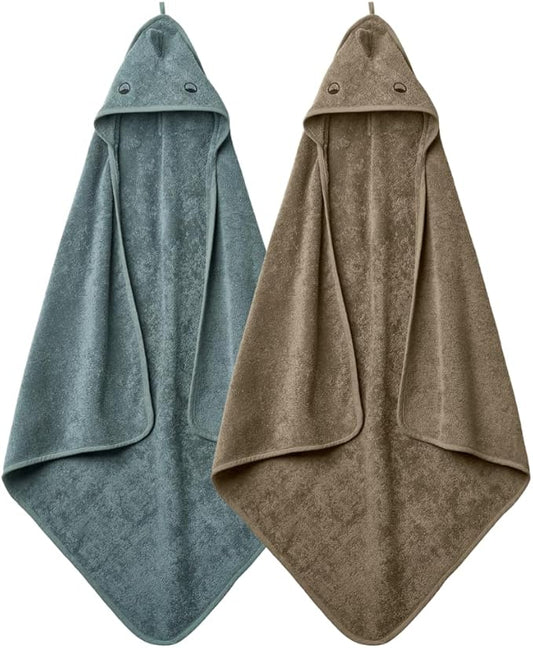 Baby Hooded Towel – Organic Cotton Baby Bath Towels, 32" x 32" Super-Soft and Absorbent Baby Towels for Newborn 2-Pack (Towel Dino Green Moss/Dino Tradewinds)