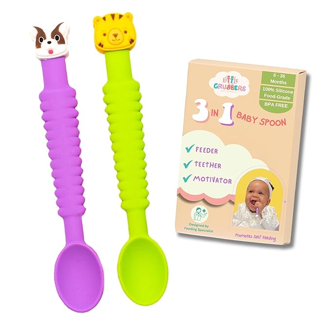 Little Grubbers 3-in-1 Silicone Baby Spoon Self Feeding 6+ Months - Pediatric OT Designed Teether Spoon, BPA Free Toddler Utensils, Mess-Free, Fun for Baby Led Weaning Supplies, Dog & Tiger