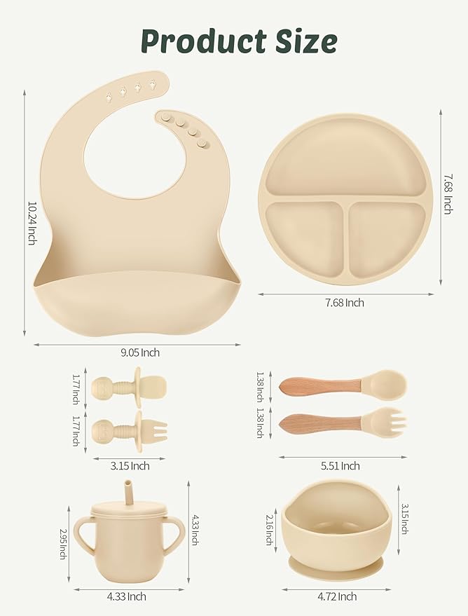 JELLDJK 24 PCS Silicone Baby Feeding Set, Baby Led Weaning Supplies Includes Suction Bowls and Divided Plates, Adjustable Silicone Bib, Spoons&forks, Training cup with straw (Green+Blue+Beige)