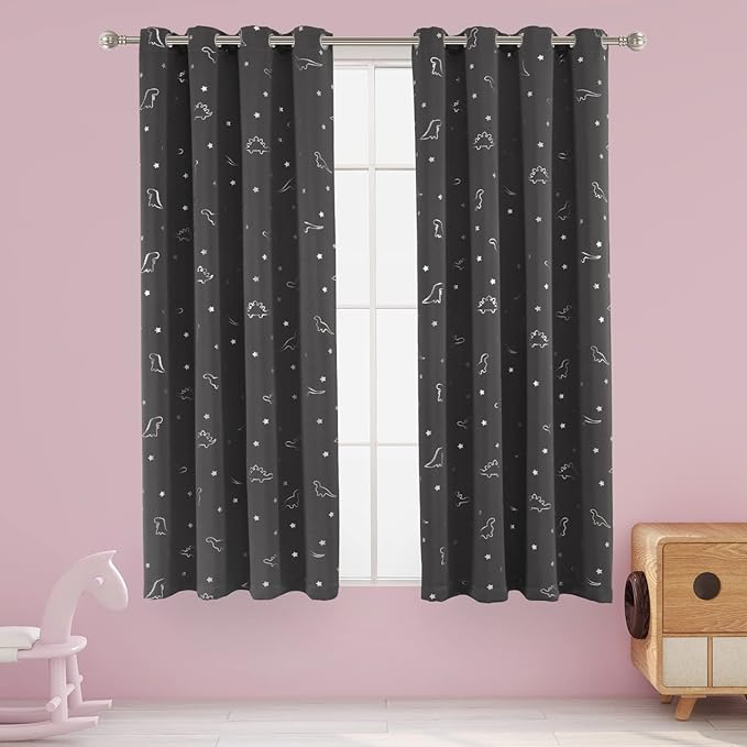 LORDTEX Dinosaur and Star Foil Print Blackout Curtains for Kids Room - Thermal Insulated Curtains Noise Reducing Window Drapes for Boys and Girls Bedroom, 52 x 45 Inch, Dark Grey, Set of 2 Panels