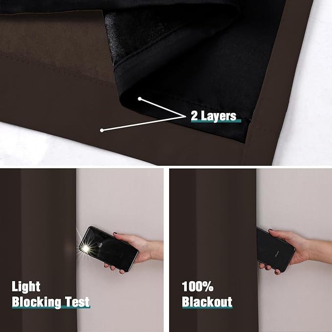 ChrisDowa 100% Blackout Curtains for Bedroom with Black Liner, 2 Thick Layers Total Blackout Thermal Insulated Grommet Small Window Curtains 2 Panels Set (Brown, 42 x 54 Inch)