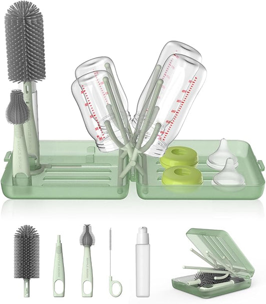 YOTIME Travel Bottle Brush Set, Auto-Open Rack & Vertical Brushs Drying Slots, 3 Brushes, Foldable Drying Rack, Dispenser, Travel Baby Essentials for On-The-Go Parents, Transparent Green