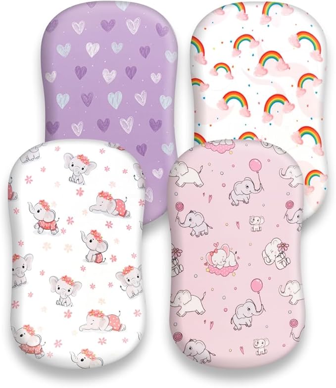 4 Pack Baby Girl Bassinet Sheets Set Soft Fitted Floral or Elephant Theme Baby Girl Mattress Covers Breathable Toddler Bed Sheets for Infant or Newborn Girls (Elephant, Bassinet Sheets)