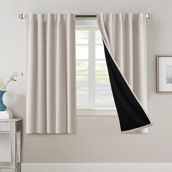 H.VERSAILTEX 100% Blackout Curtains for Bedroom with Black Liner Full Room Darkening Curtain Thermal Insulated Back Tab/Rod Pocket Window Drapes for Living Room, 2 Panels, 42 x 63 Inch, Fog
