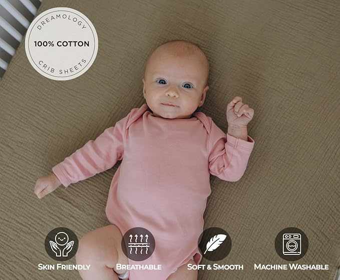 Dreamology Cotton Mini Crib Sheets,Muslin Crib Sheet,2 Pack,100% Cotton Crib Sheets,Soft,Breathable,Baby Crib Sheets,Girls,Boys,24x38 Mini Crib Sheets | Olive and Ecru