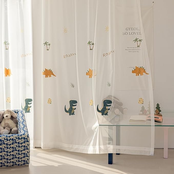 KMSG Cartoon Dinosaur Sheer Kids Curtains Embroidery Voile Drapes Nursery Curtains for Children Boys Baby Bedroom Living Room Light Filtering Window Tratement Grommet Top 1 Panel W52 x L84 Inch