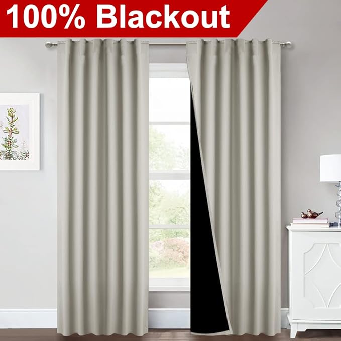 NICETOWN Natural Living Room Completely Shaded Draperies, Privacy Protection & Noise Reducing Drapes for Laundry, Black Lined Insulated Window Treatment Curtain Panels (2 Pieces, W52 x L84)