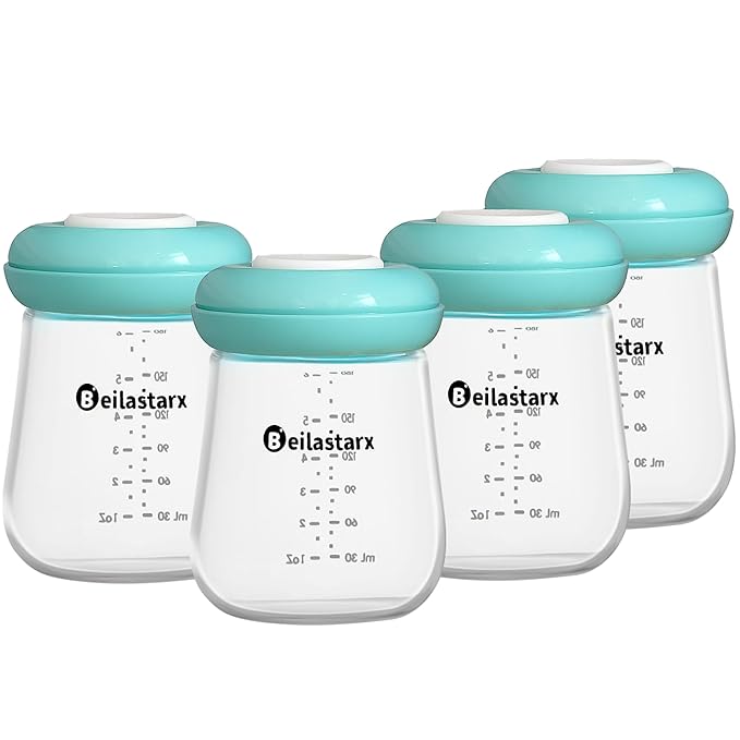 Glass Breast Milk Storage Bottles-Wide Neck Breastmilk Storage with Lids, Breast Milk Storage Containers for Fridge,BPA-Free (Blue,6oz(pack of 4))